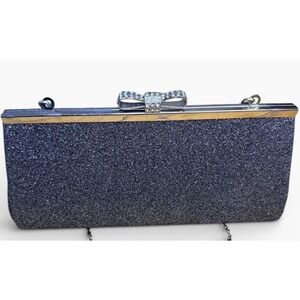 Sparkle Silver Glitter Clutch Evening Bag Rhinestone Bow Silver Chain Strap